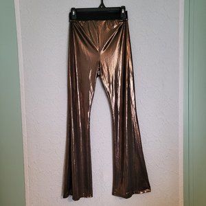 Paperoc Bronze Metallic Shine Wet Fabric Flare Disco Pants Women's Medium